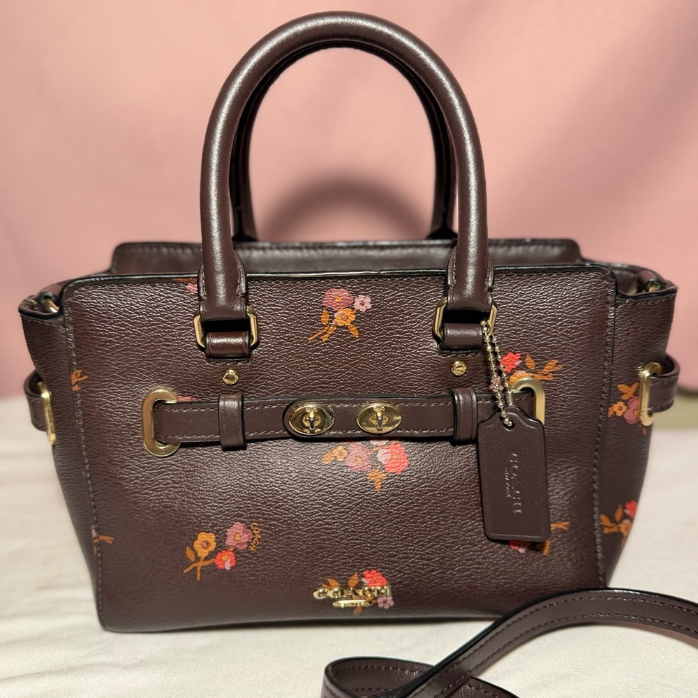 Coach Dark Brown Floral mini Satchel gold hardware